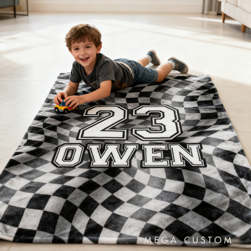 Custom Racing Checkered Flag Blanket Personalized Name and Number Sport Throw Blanket Gift for Racers and Motorsport Fans