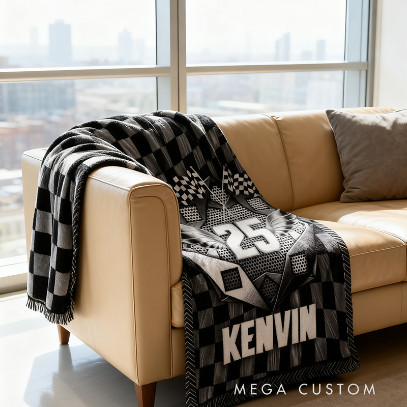 Personalized Racing Blanket Custom Name and Number Cozy Throw Perfect Gift for Car Racing Enthusiasts and Fans