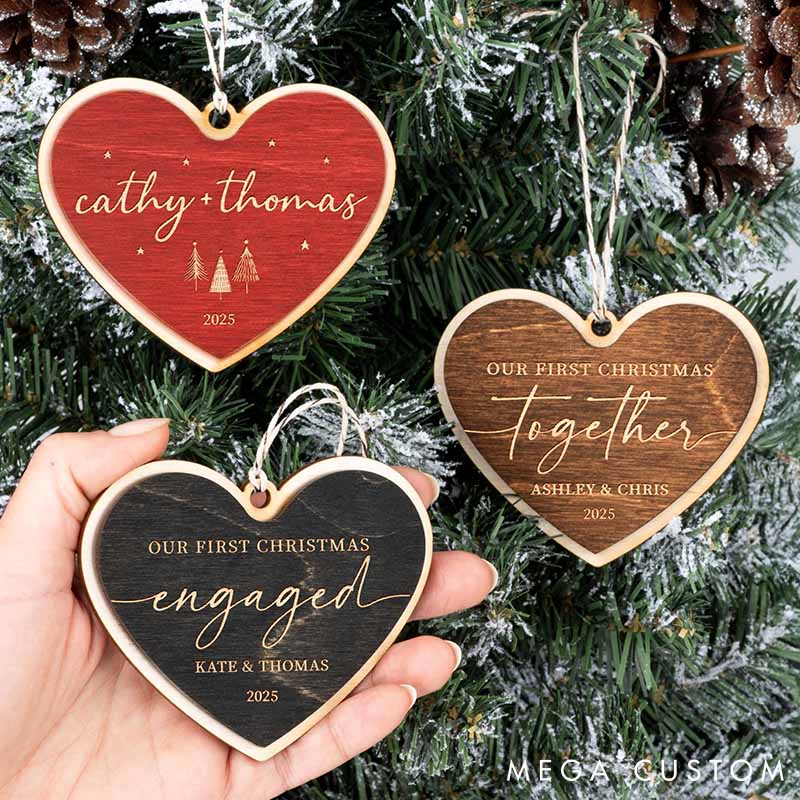 Personalized Couple Our First Christmas Married Wood Hear Shaped Christmas Ornament Custom Mr and Mrs Wedding Engagement Xmas Ornament for Him Her