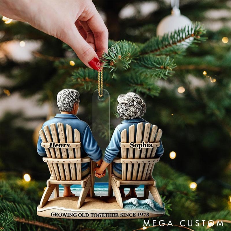 Personalized Growing Old Together Couple Ornament 2D Flag Watching Sea Waves Chrismas Decoration Gift for Husband Wife Gift for Couple
