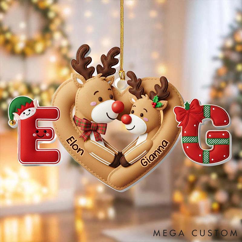 Personalized Couple Faux Fabric Reindeer 2D Flat Printed Acrylic Christmas Ornament Custom Newlywed Name Heart Xmas Ornament Our First Christmas Gift