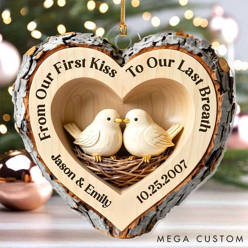 Personalized Couple Faux Wood Love Birds Acrylic Christmas Ornament 2D Flat Printed First Kiss To Last Breath Ornament Anniversary Christmas Gift
