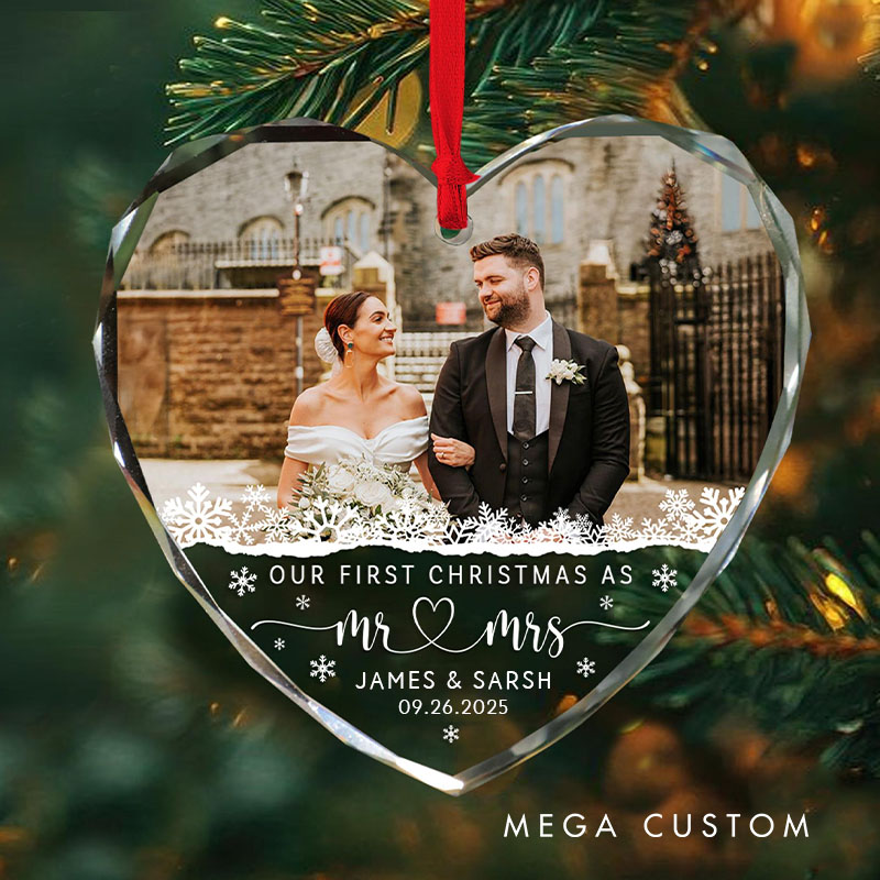Personalized Couple Wedding Photo Glass Ornament Custom First Christmas Married Glass Ornament Our First Christmas Gift Engagement Gift for Newlyweds