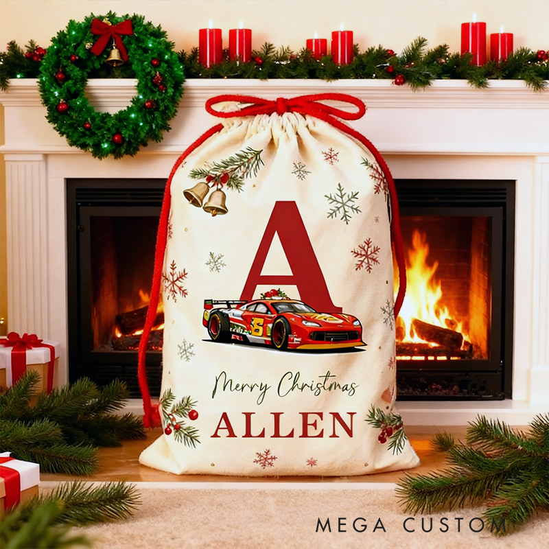 Personalized Initial and Name Racing Car Christmas Sack Custom Gift Bag for Vehicle Lovers and Holiday Decor