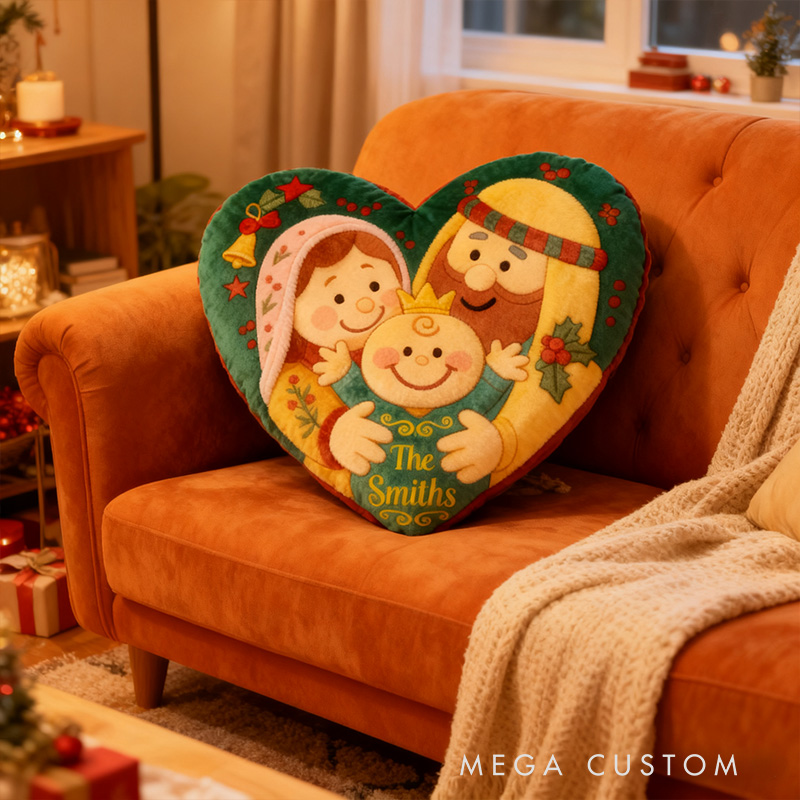 Personalized Nativity Scene Heart Pillow with Family Name Home Decor Graphic 3D Print Pillow Religious Gift for Christians