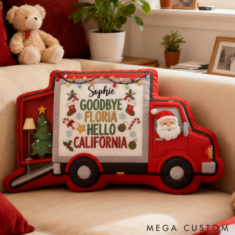 Personalized Moving Truck Pillow Custom Holiday Decoration with Names and Locations Keepsake for New Beginnings and Home Decor Christmas Gifts