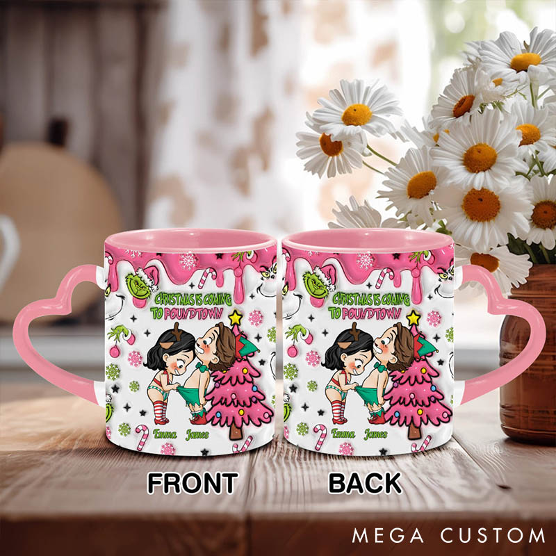 Personalized Couple Christmas Is Coming Ceramic Mug Custom Cute Couple Sex Heart Handle Mug Christmas Gift for Him Her Boyfriend Girlfriend