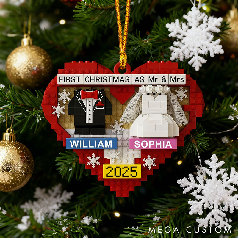 Personalized Frist Christmas As Mr Mrs Couple Ornament 2D Flag Brick-style Heart Shaped Chrismas Decoration Gift for Newlyweds Gift for Wife Husband