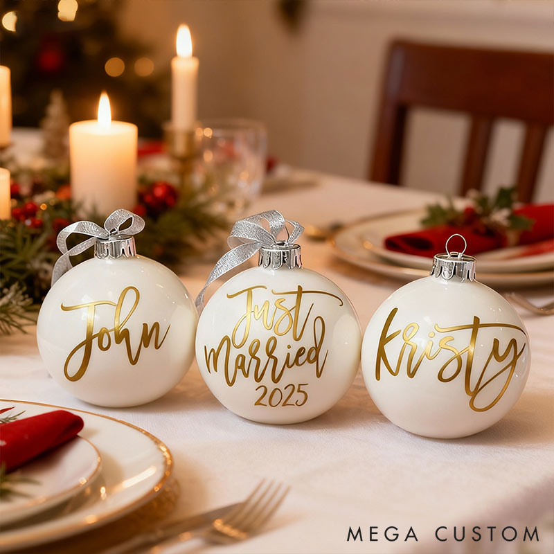 Personalized Just Married Matching Christmas Ball Ornament Our First Christmas Ornament Set For Newlywed Couple Wedding Ornament Keepsake