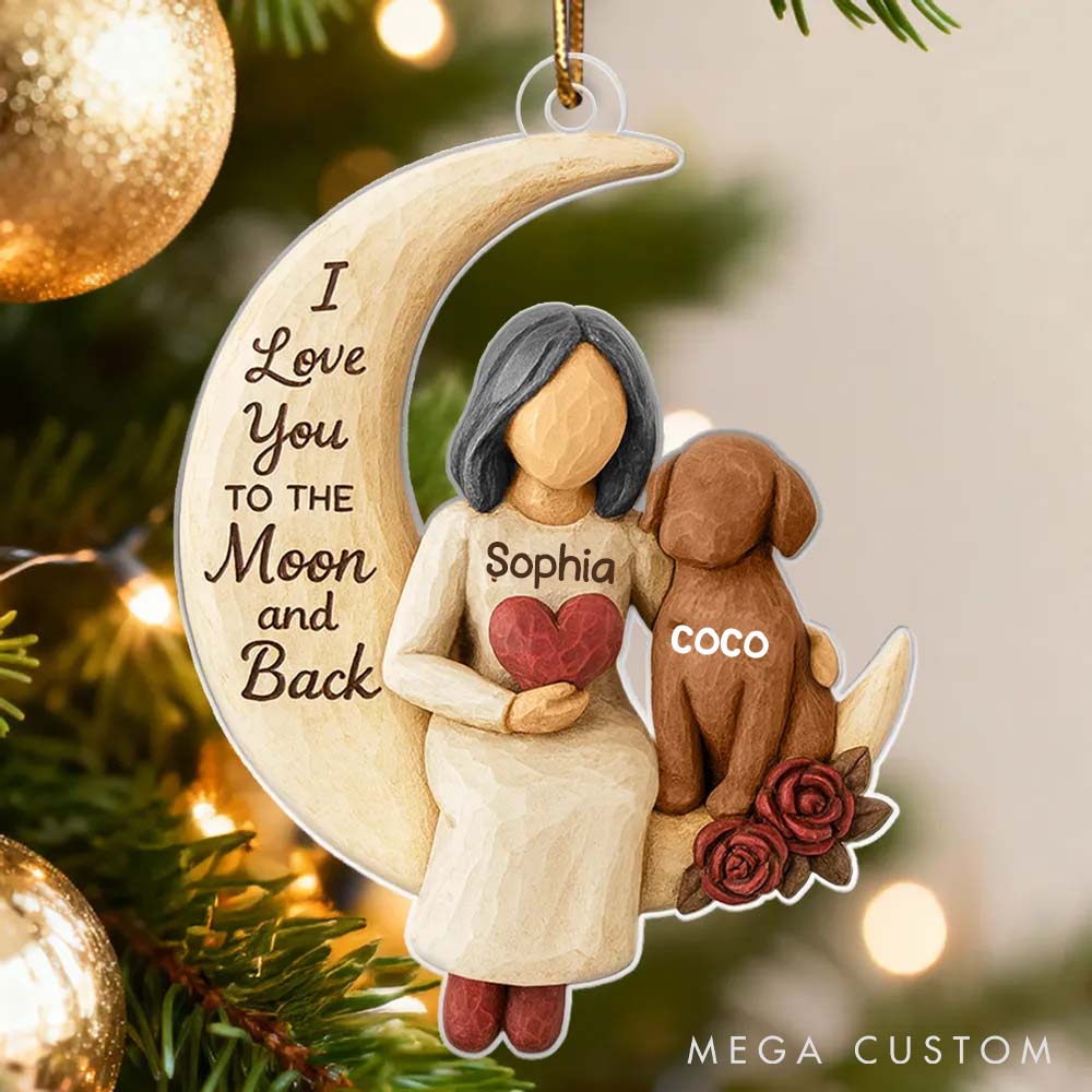 Personalized Dog Lover Woman and Dog Love to the Moon Ornament