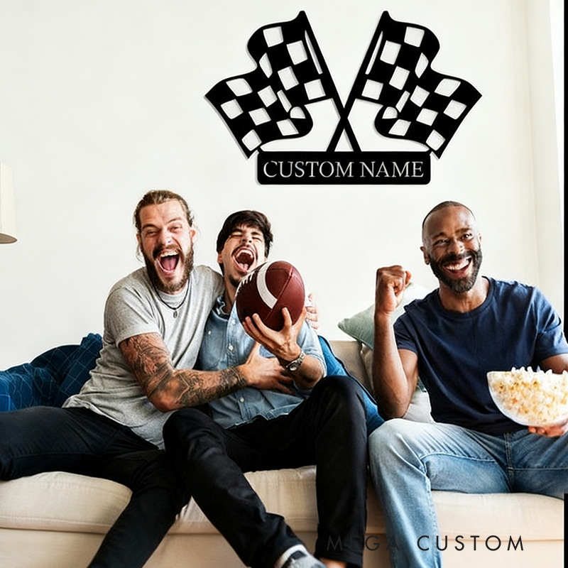 Personalized Checkered Flag Racing Metal Sign Custom Name Wall Art for Racers and Racing Lovers