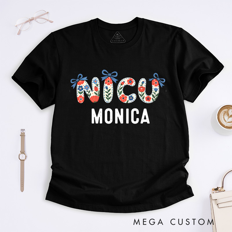 Personalized Nurse T-Shirts Floral NICU Elegance Fashion Design T-Shirts