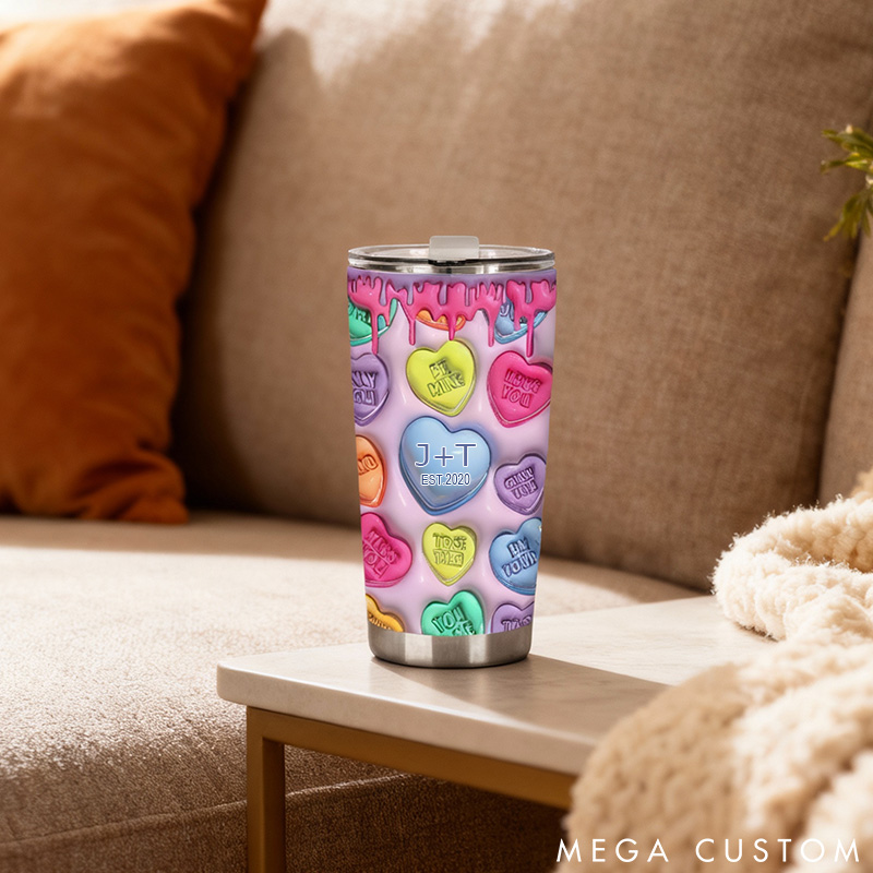 Personalized Couple Colorful Heart Tumbler 3D-Like Effect Tumbler for Boyfriend Couple Christmas Gift Water Bottle