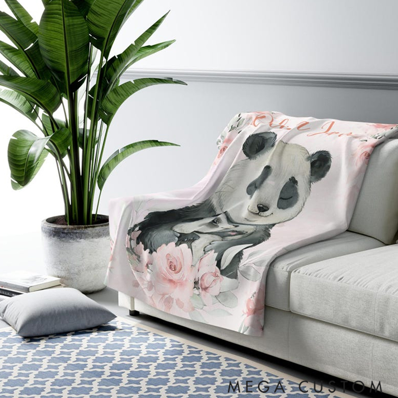 Personalized Mom and Baby Panda Custom Name Floral Panda Blanket Flowers Christmas Gift for Mom Grandma