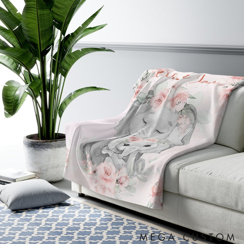 Personalized Mom and Baby Elephant  Custom Name Floral Elephant  Blanket Flowers Room Decor for Mom Grandma kids