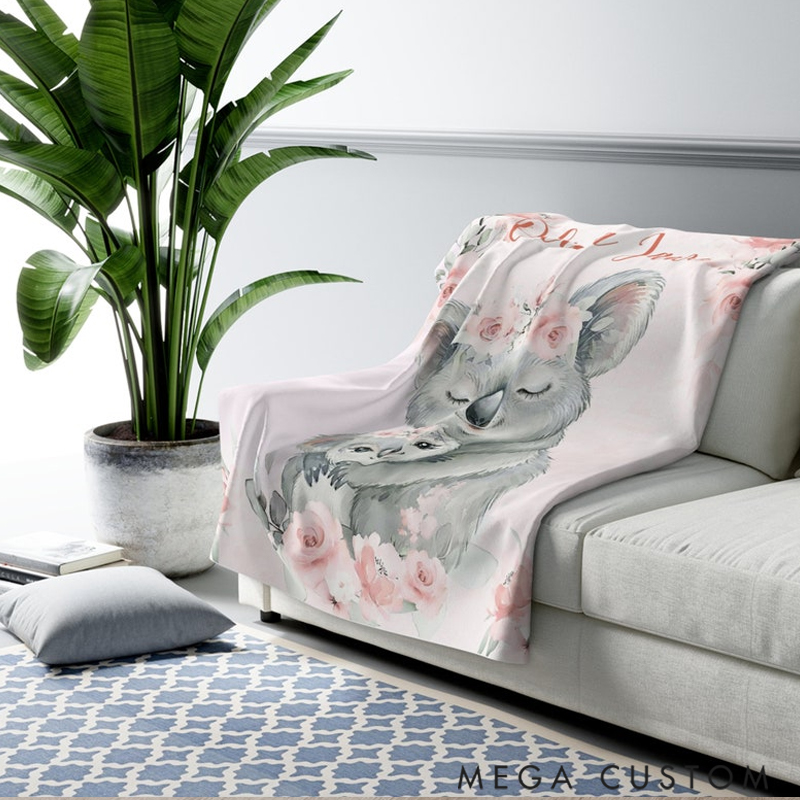 Personalized Mom And Baby Koala Custom Name Floral Elephant  Blanket Flowers Room Decor for Mom Grandma kids