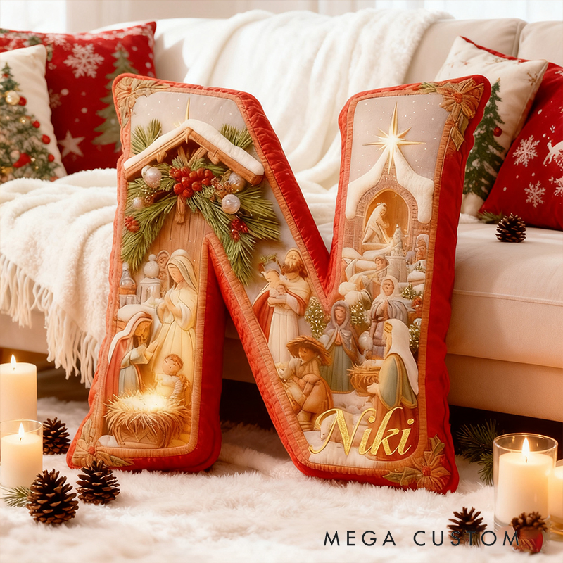 Personalized Nativity Scene Letter Pillow with Custom Name Christmas Festive Home Decor Graphic 3D Print Christian Gift Religious Gift