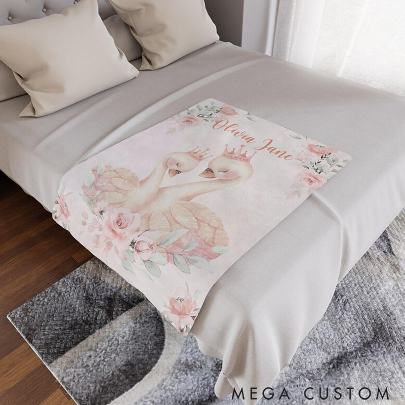 Personalized Mom And Baby Swan Custom Name Floral Swan Blanket Flowers Room Decor for Mom Grandma Kids