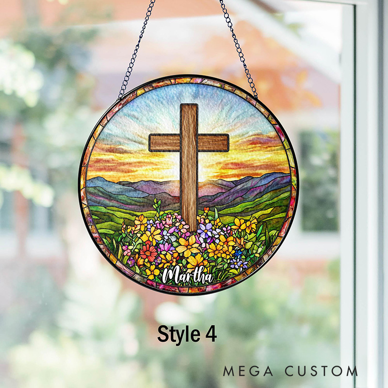 Personalized Cross Wildflowers Stained Glass Suncatcher Ornament with Name Window Balcony Hanging Decor Home Decor Religious Faith Gift