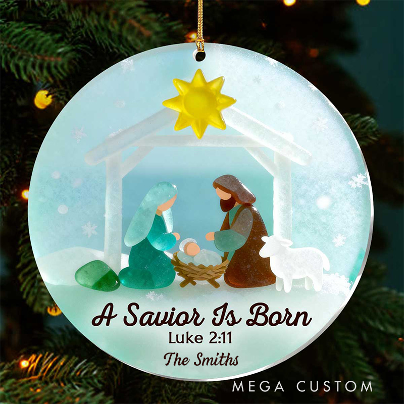 Personalized a Savior is Born Nativity Scene Acrylic Ornament with Family Name Religious Gift Christmas Tree Decor Christmas Gift for Family