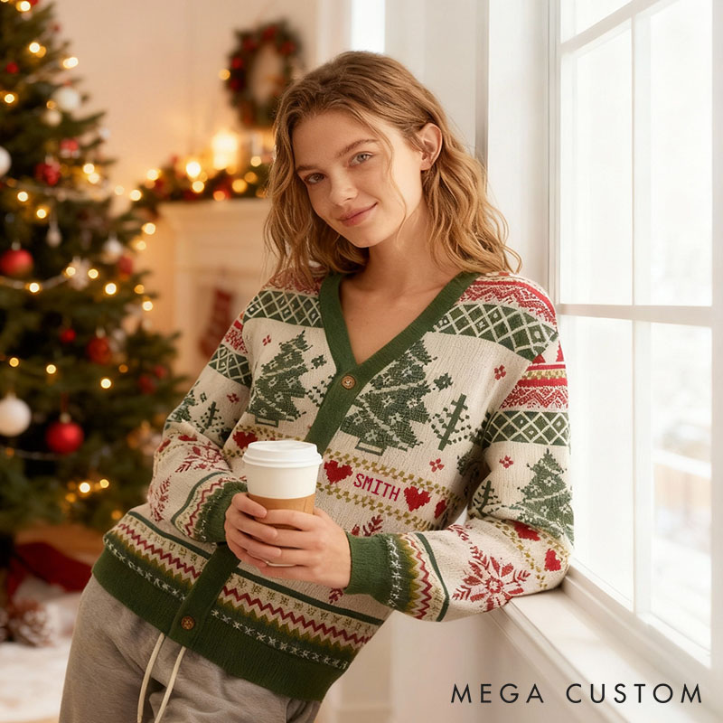 Personalized Couple Vintage Christmas Tree and Snowflakes Christmas Cardigan Sweater Newlyweds Matching Ugly Sweater Cozy Christmas Outfit for Him Her