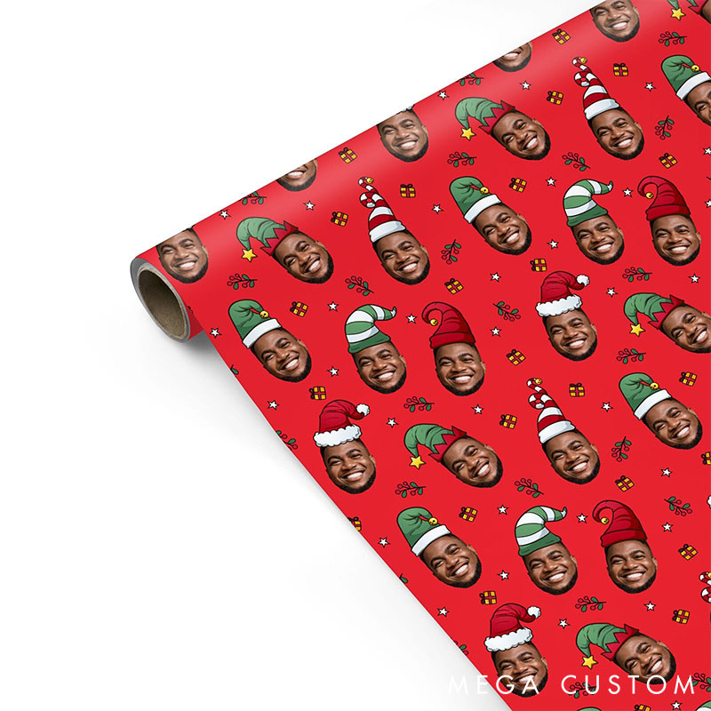 Personalized Face Christmas Wrapping Paper Custom Photo Face Xmas Hats Wrapping Paper Funny Festive Gift Wrap for Husband Boyfriend