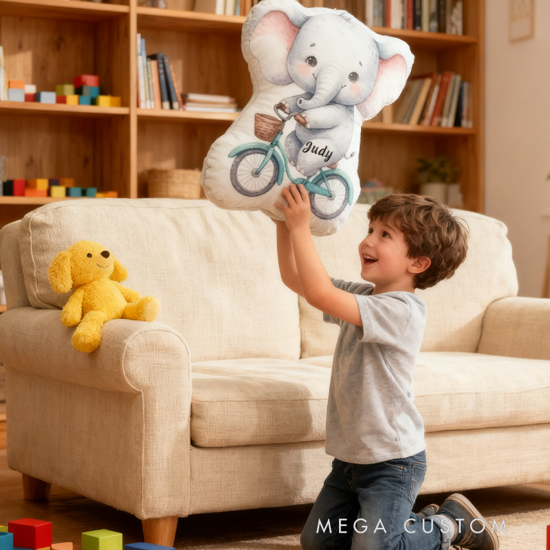 Personalized Elephant Bike Letter Pillow Cozy Graphic 3D Print Bow Letter Pillow Name Pillow Comfortable Travel Cushion for Kids Riding Lovers