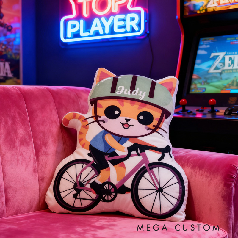 Personalized Cat Kitty Bike Pillow Cozy Graphic 3D Print Gamer Pillow Name Pillow Comfortable Travel Cushion for Kids Girls Riding Lovers