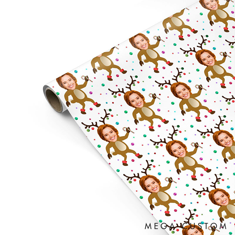 Personalized Reindeer Face Wrapping Paper Custom Funny Gift Wrap Reindeer Photo Face Wrapping Paper for Him Hei Christmas Gift Wrap