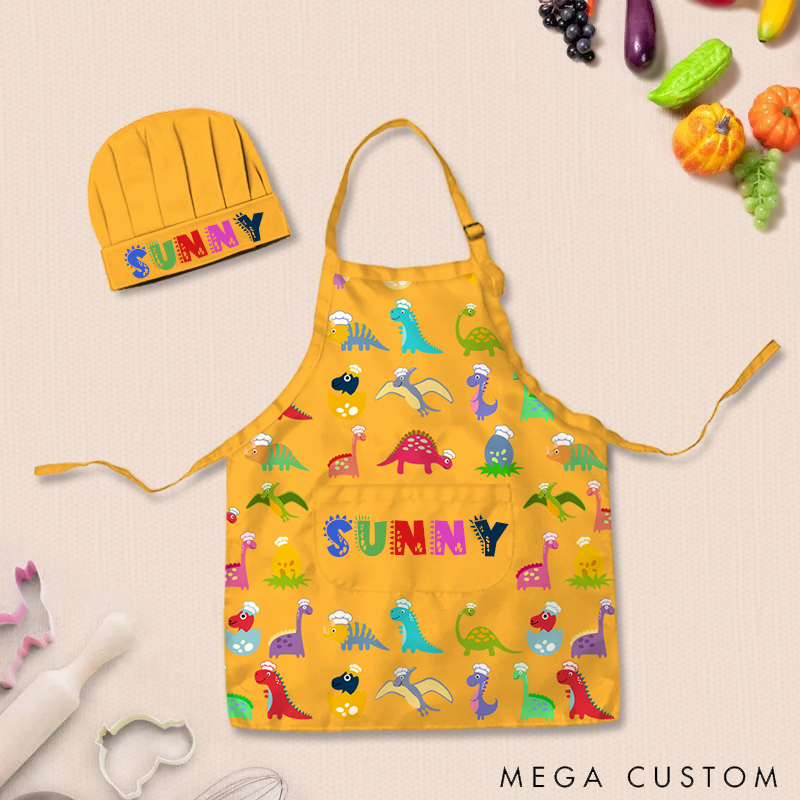 Personalized Fun Cartoon Dinosaur Adjustable Kid Apron Chef Hat Set with Pocket and Name for Cooking Baking Birthday Holiday Gift for Kids
