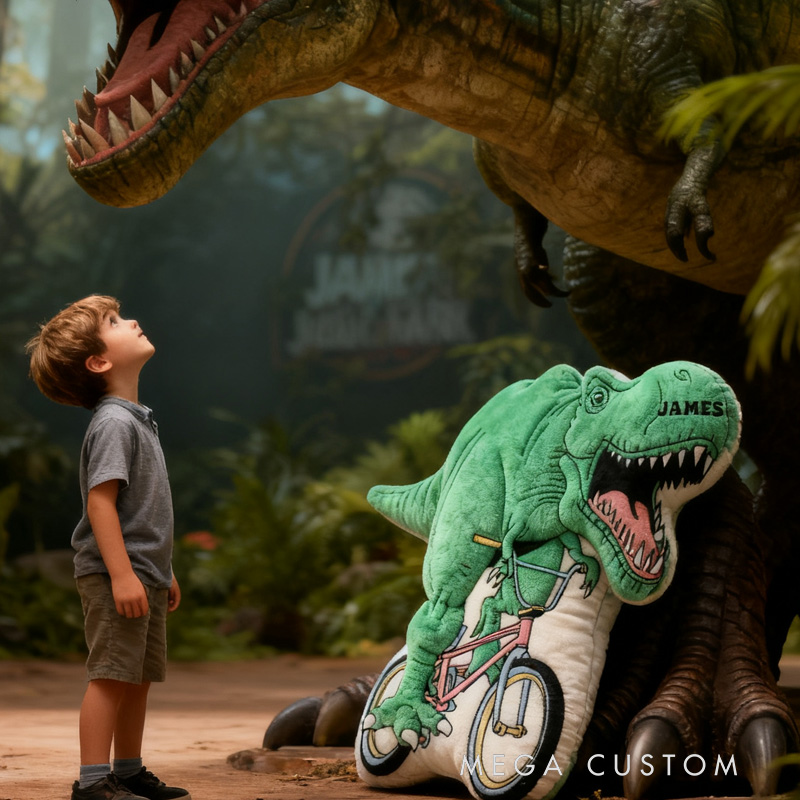 Personalized Dino Rider Bike Pillow Cozy Graphic 3D Print Dino Pillow Name Pillow Comfortable Travel Cushion for Kids Boys Riding Lovers