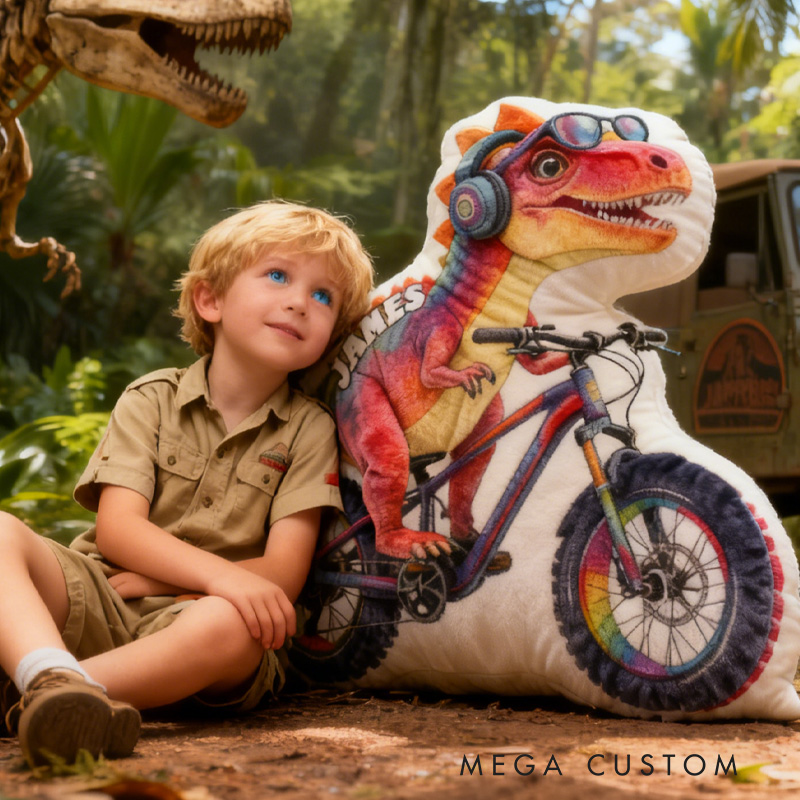 Personalized Dino Rider Bike Pillow Cozy Graphic 3D Print Cool Skull Racing Biker Dino Pillow Name Pillow Comfortable Travel Cushion for Kids Boys Riding Lovers