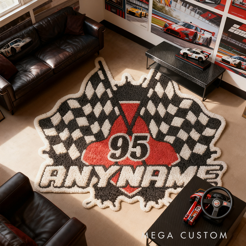 Personalized Racing Style Shaped Rug Custom Name and Number Car Lovers Room Race Flag Floor Mat