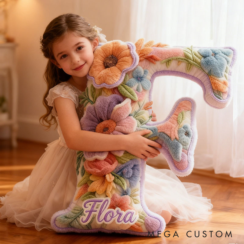 Personalized Flower Girl Purple Floral Graphic 3D Printed Pillow Custom Girl friend Name Cushion Valentine's Day Gift Christmas Gift for Her