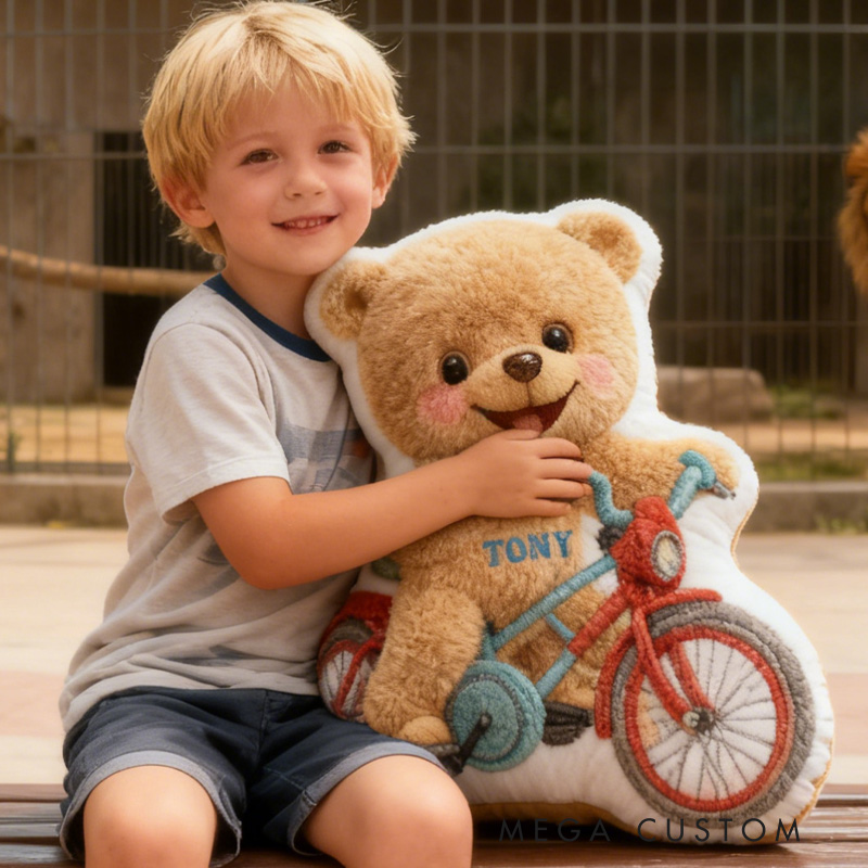 Personalized Bear Bike Pillow Cozy Graphic 3D Print Bow Pillow Name Pillow Comfortable Travel Cushion for Kids Riding Lovers