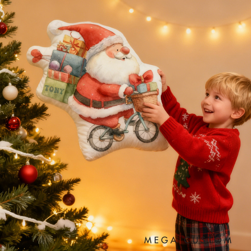 Personalized Xmas Gifts Bike Pillow Cozy Santa Chirstmas Graphic 3D Print Bow Pillow Name Pillow Comfortable Travel Cushion for Kids Riding Lovers