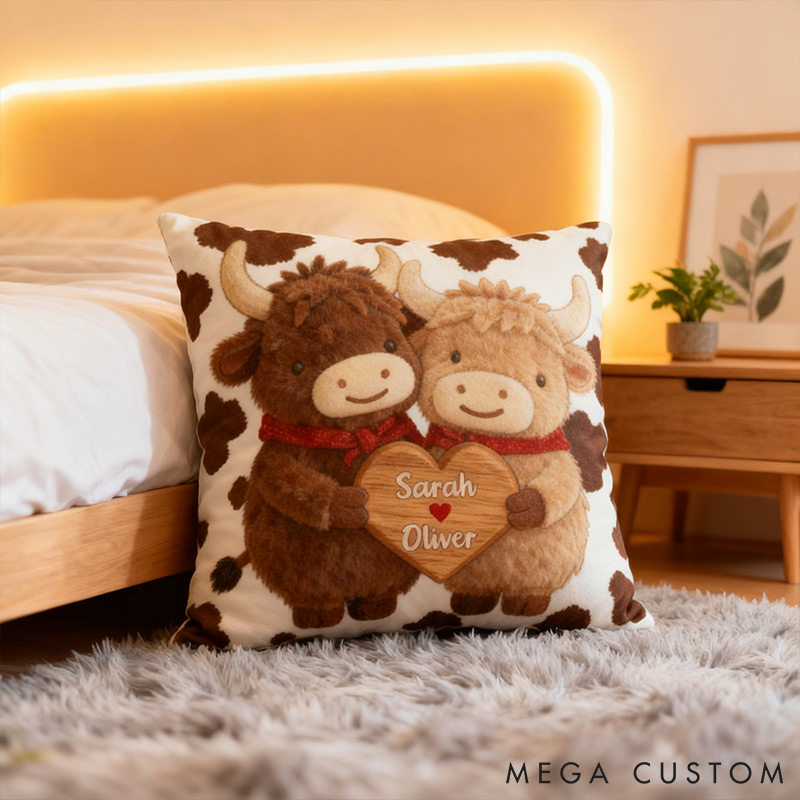 Personalized Couple Highland Cow Design Custom Names Newlyweds Couple Home Pillow Romantic Anniversaries Gift for Husband Wife Home