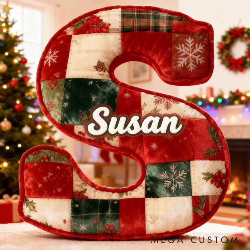 Personalized Girl friend Christmas Patchwork Graphic 3D Printed Pillow Custom Flower Girl Name Christmas Cushion Christmas Gift for Him Her Couple