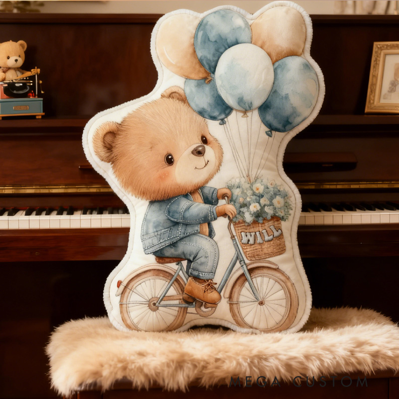 Personalized Teddy Riding Pillow Cozy Lovely Graphic 3D Print Bicycle Throw Pillow Name Pillow Comfortable Balloon Travel Cushion for Kids Girls Riding Lovers