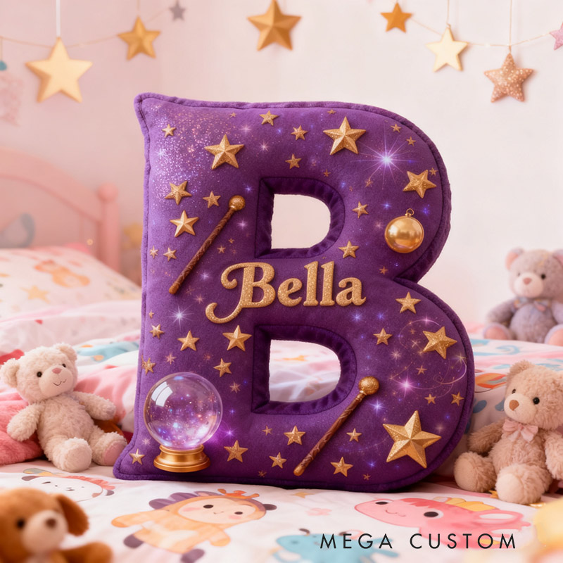 Personalized Magic Letter Pillow Decorated with Magic Ball Magic Wand Stars Graphic 3D Print Pillow for Kids and Magic Lovers