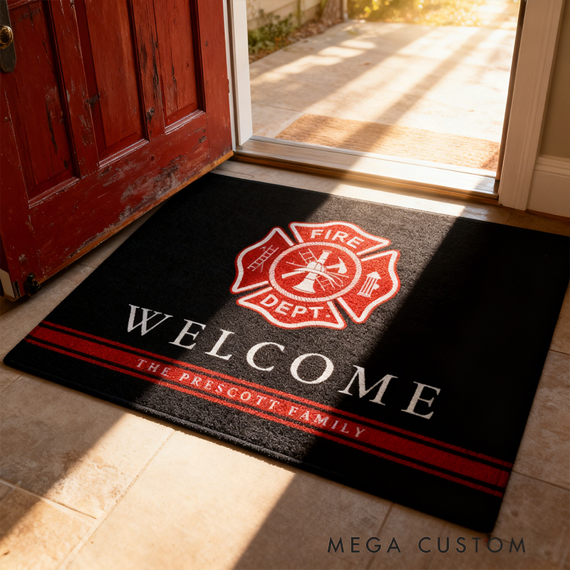 Personalized Firefighter Doormat Custom Family Name Fire Dept Welcome Mat Front Door Rug Gift for Firefighter Families