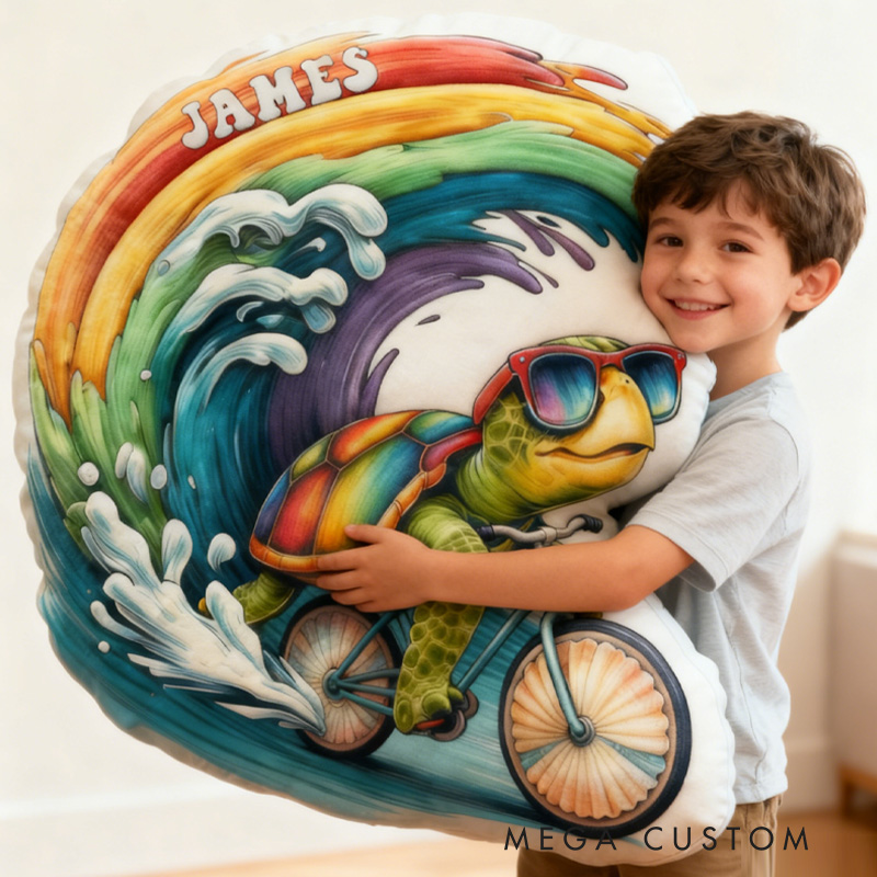 Personalized Sea ​​Turtle Rider Bike Pillow Cozy Graphic 3D Print Cool Racing Biker Rainbow Ocean Pillow Name Pillow Comfortable Travel Cushion for Kids Boys Riding Lovers