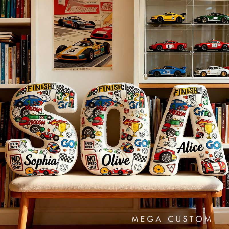 Personalized Racing Letter Pillow with Custom Name Stacked Car Elements Initial Cushion for Car Lovers