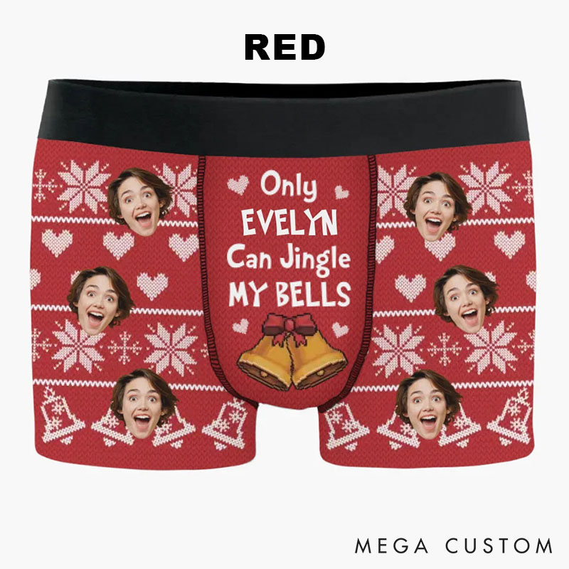 Personalized Girlfriend Wife Face Photo Boxer Briefs Men Ugly Sweater Design Christmas Underwear Only Her Can Jingle My Bells Boyfriend Husband Gift