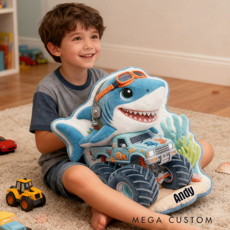 Personalized Shark Monster Truck Name Custom Soft Decorative Gift Ocean Adventure Style Fun Playful Cozy Boy Room Exciting Power Wheels Deep Sea Graphic 3D Print Pillow