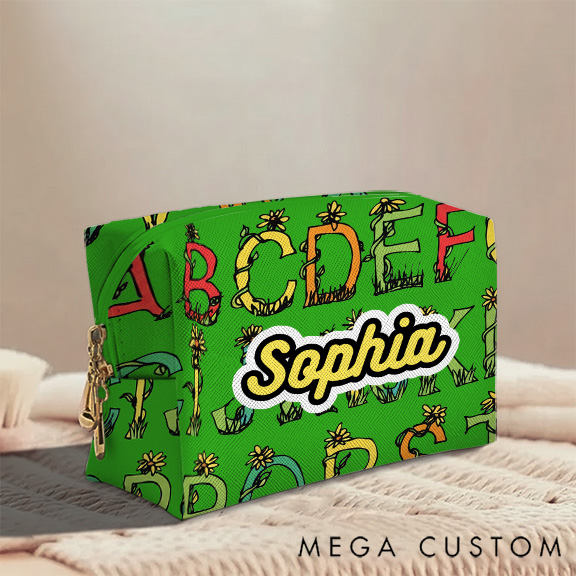 Personalized Botanical Alphabet Toiletry Bag Custom Name for Kids Travel Gifts and Daily Use