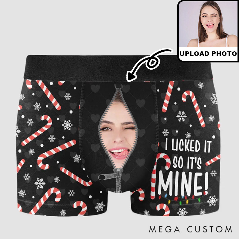 Personalized Girlfriend Wife Face I Licked It So It's Mine Christmas Boxer Briefs Men Underwear with Face Photo Xmas Gift for Him Boyfriend Husband
