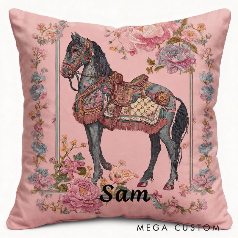 Personalized Riding Floral Horse Pillow Floral Horse Custom Name Festive Flower Decor with French Countryside Gifts for Family Graphic 3D Print Riding Lovers