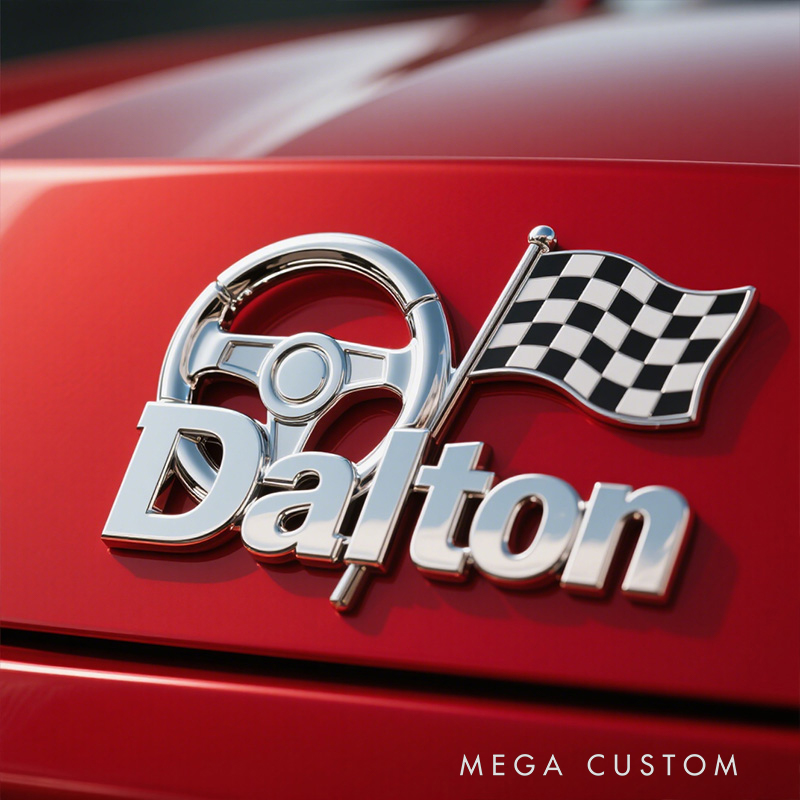 Personalized Racing Steering Wheel & Checkered Flag Metal Emblem - Custom Name Car Badge for Motorsport Enthusiasts