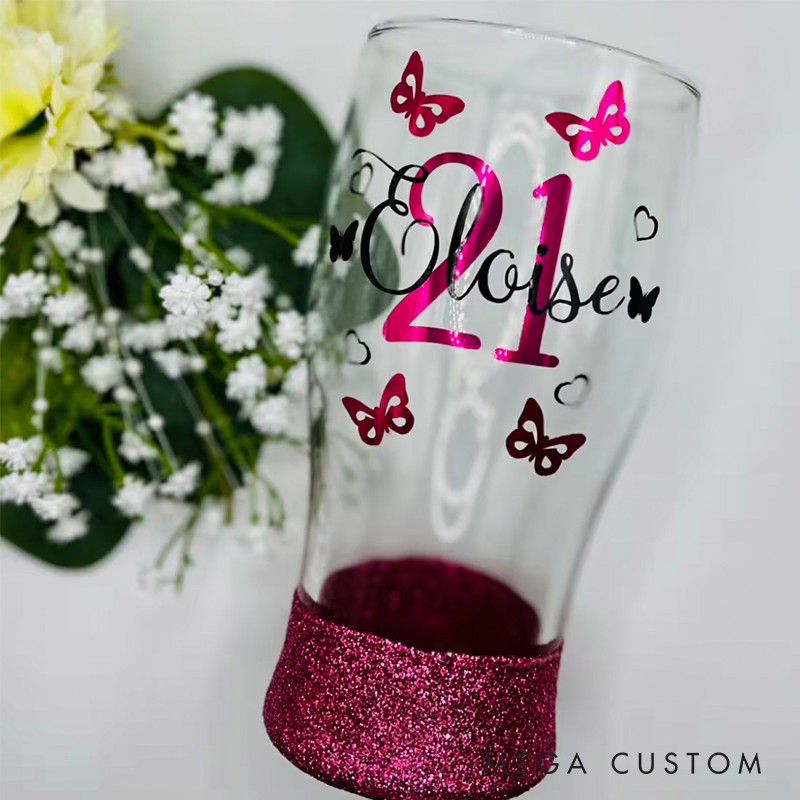 Personalised Glitter Birthday Glass Butterfly Name & Age 18th 21st Gift For Her 30th 40th 50th Lit Bottle Gin Wine